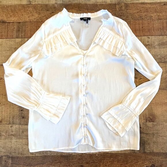 Paige Anguilla White Ruffled Blouse Satin V-Neck Small Button Front - Picture 4 of 5